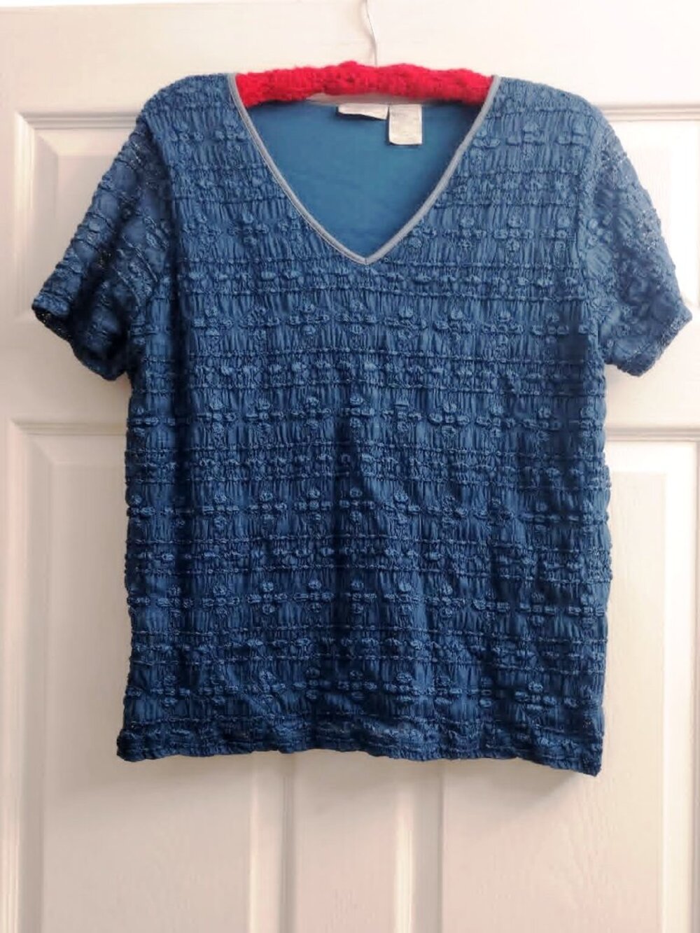 Worthington Woman Stretch Plus Size 1X Top Teal Blue V-Neck Ruched Short Sleeve